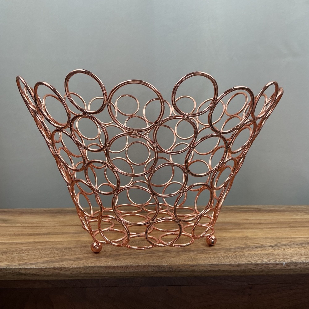 12" Copper Toned Geometric Metal Ring Basket Studio Peche Fruit Bowl Centerpiece